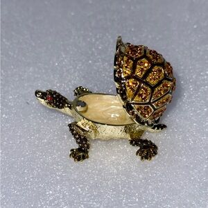 Turtle Rhinestone Brass Gold Enamel Trinket Box